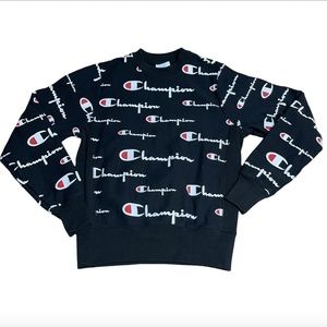 Champion Men's Reverse Weave All Over Print Sweatshirt Small Black White Script